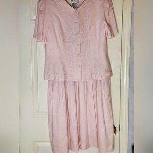Vtg Karin Stevens 14 PastelPink LINENBlendFaux2Piece Women Midi Embroidery Dress
